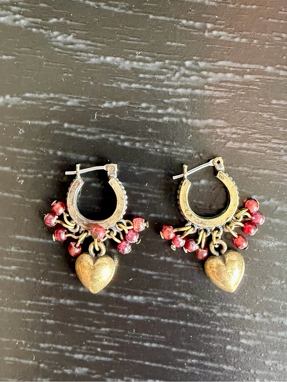 Vintage-Style Gold Heart Hoop Earrings with Red Beads